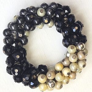 3/10$ VTG Black Ivory Silver Chunky Beaded Stretch Bracelet, Facet & Pearl Beads